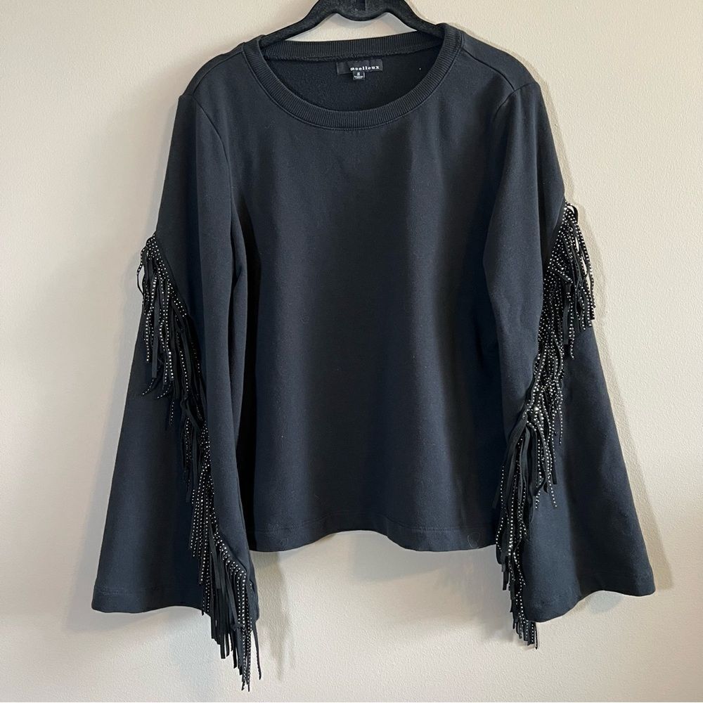 ✨ Moelleux Women’s Black Long‎ Sleeve Top with Studded Arm Fringe Small